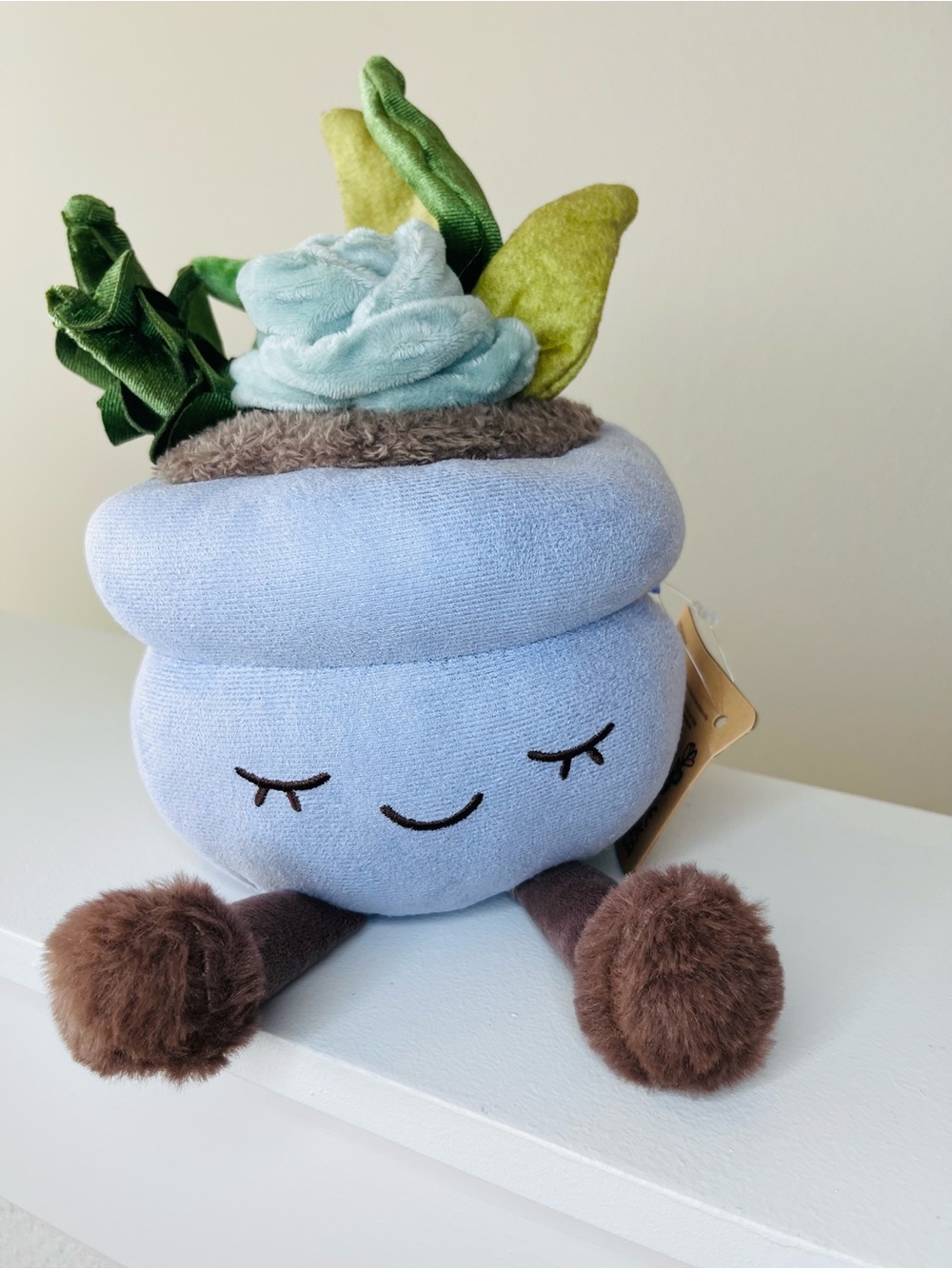 Russ Blue Plush Succulent Pot with Green Leaves and Brown Feet
